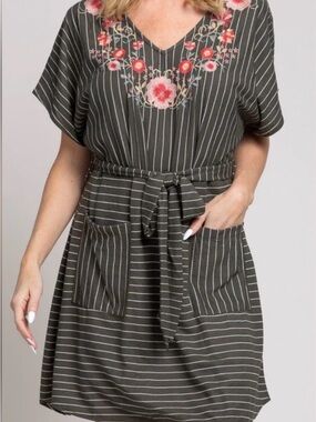 ANDREE BY UNIT Olive Green Striped V‑Neck Embroidered Tie‑Waist Dress